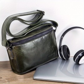 Men's Full-Grain Cowhide Leather Crossbody Bag - Adjustable Strap, Golden-Tone Hardware & Snap Closure, iPad & Phone Compartment - Retro Casual & Business Multifunctional Small Square Shoulder Bag (Black, Durable Everyday Carry)